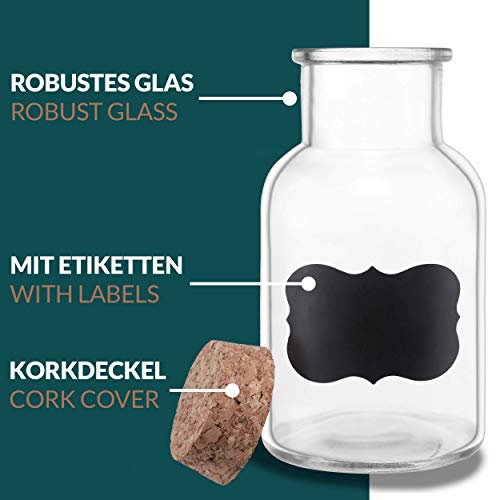 Tarros de Especias con Tapon de Corcho - 250ml - Con Etiquetas - Hermeticos - Apto para Lavavajillas - Especieros de Cristal