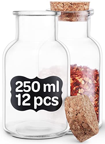 Tarros de Especias con Tapon de Corcho - 250ml - Con Etiquetas - Hermeticos - Apto para Lavavajillas - Especieros de Cristal