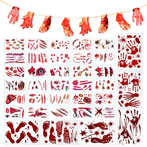 Tatuajes Temporales (34 Hojas)KATOOM Halloween Zombie Cicatrices 2pcs Pancartas de Halloween con Manos y Pies Artificiales Horror Cicatrices Heridas Realista Horror, Maquillaje Halloween Hombre Mujer