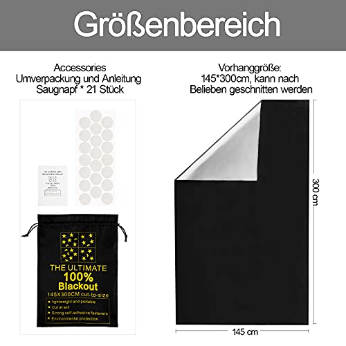 Tela oscurecedora, cortinas opacas, protección solar con revestimiento térmico, aislamiento opaco para ventanas de techo, cortinas opacas con 21 ventosas (300 cm x 145 cm)