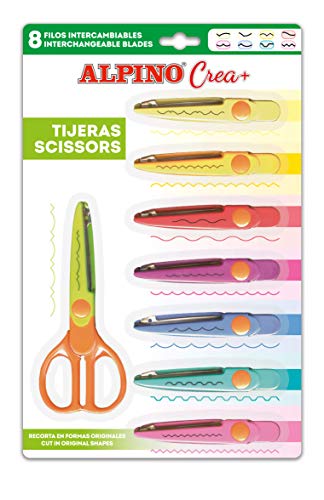 Tijeras para Manualidades Alpino Crea+ - Tijera con 8 Recambios y 8 Tipos de Corte - Perfecto para Uso Escolar y Manualidades para Niños - Colores Brillantes, Formas Originales