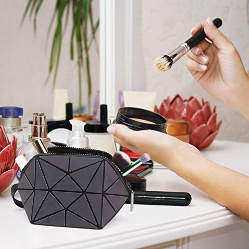 Tikea Bolsa Geométrica Luminosa Holográfica para Mujer, Caja de Maquillaje de Moda en Cuero Sintético, Bolsa de Cosmético Efecto Reflectante Plegable
