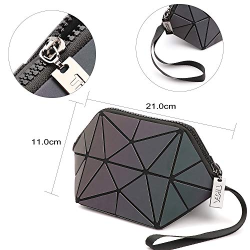 Tikea Bolsa Geométrica Luminosa Holográfica para Mujer, Caja de Maquillaje de Moda en Cuero Sintético, Bolsa de Cosmético Efecto Reflectante Plegable