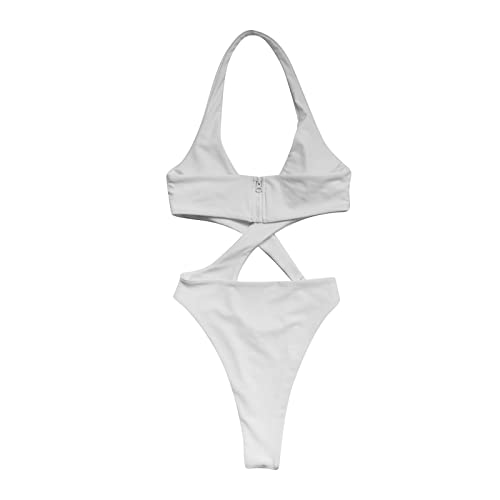 Traje de Baño de Una Pieza Sexy con Correa Color Sólido de Correa Cruzada Recortado de Talla Grande para Mujer, Bañador Escote en V Ropa de Baño Halter Bikini Push Up Monokini(A Blanco,S)