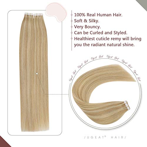 Ugeat 12 Pulgadas Extensiones de Cabello Natural Adhesivas Rubio Miel con Rubio Blanqueador #27/613 Tape in Extensiones de Pelo Invisible Extensiones Remy Natural Adesivas 30G 20PCS