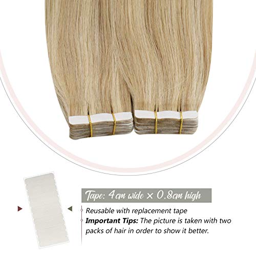 Ugeat 12 Pulgadas Extensiones de Cabello Natural Adhesivas Rubio Miel con Rubio Blanqueador #27/613 Tape in Extensiones de Pelo Invisible Extensiones Remy Natural Adesivas 30G 20PCS
