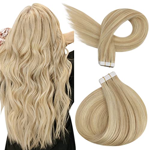 Ugeat 12 Pulgadas Extensiones de Cabello Natural Adhesivas Rubio Miel con Rubio Blanqueador #27/613 Tape in Extensiones de Pelo Invisible Extensiones Remy Natural Adesivas 30G 20PCS