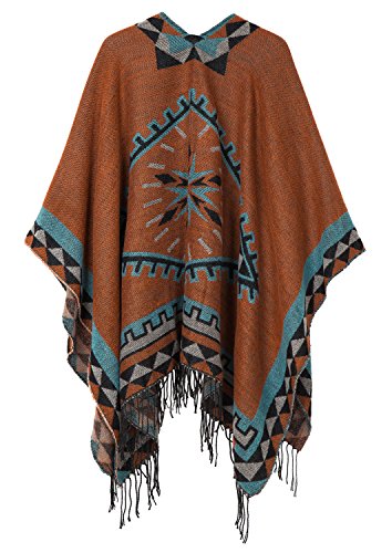 Urban GoCo Mujer Poncho Cárdigan de Punto Capa Gran Tamaño Estampado Étnico Chal Bufanda Manta con Borlas (#5 Naranja)