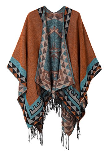 Urban GoCo Mujer Poncho Cárdigan de Punto Capa Gran Tamaño Estampado Étnico Chal Bufanda Manta con Borlas (#5 Naranja)