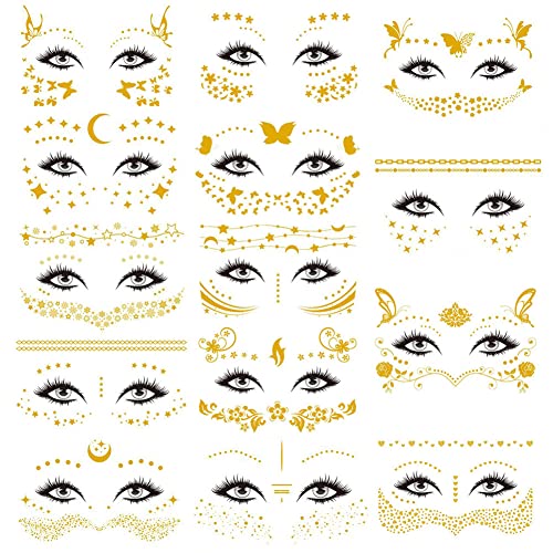 Volunmiu 14 Hojas Tatuajes Temporales Faciales, Tatuajes Falsos Pecas Efímeros Dorados Brillos, Pegatinas para Cara Mujeres Niñas Festivales Disfraces Halloween Fiestas Carnaval Bailarinas Maquillaje