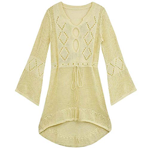 Voqeen Mujer Pareos Playa Traje de Baño Verano Vestido de Playa Sexy Bikini Cover up Camisola de Playa Camisolas y Pareos Ganchillo Túnica de Punto Estilo Sobredimensionado (Beige)