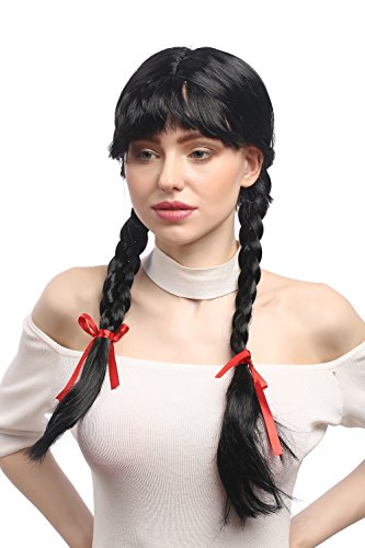 WIG ME UP- XR-008-P103 Peluca Mujeres Carnaval Cosplay Larga Trenzas con Cintas Trenzadas Flequillo Colegiala Lolita Negro 60 cm