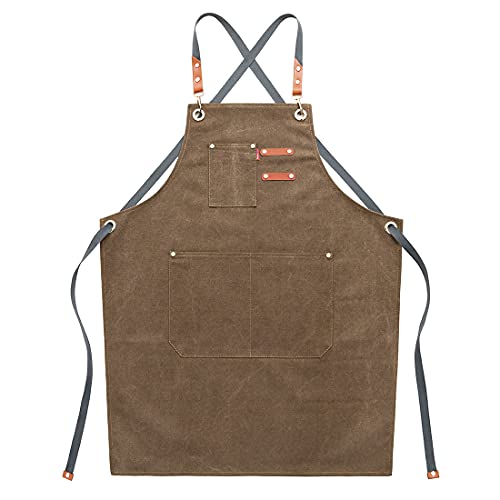 YUENA CARE Delantal Trabajo, Delantal de Cocina Ajustable Mandil de Lona Duradero para Cocinero Camarero Servidores Baristas, con Bolsillos, para Mujer y Hombre #1