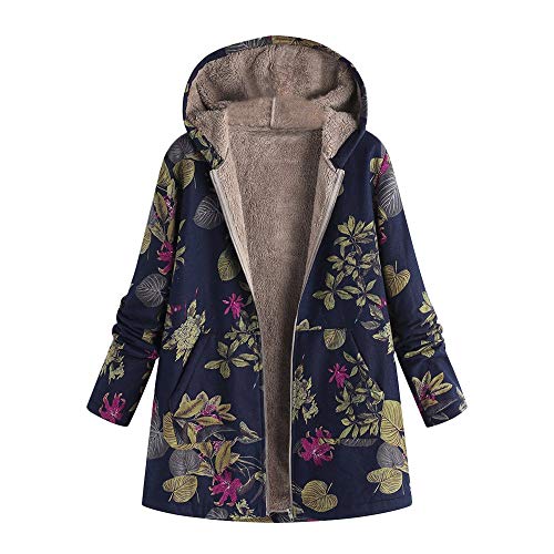 Yvelands Mujer Blusa Superior Invierno Cálido Outwear Estampado Floral Bolsillos con Capucha Abrigos de Gran tamaño Vintage(Navy,M)