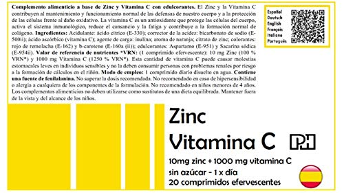 ZINC + VITAMINA C PH 20 comprimidos efervescentes, suplemento para las defensas, oxidación y formación colágeno