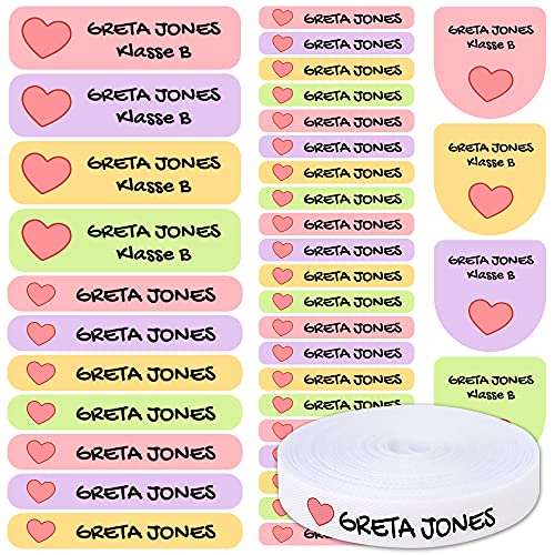 155 pegatinas personalizadas para marcar ropa y objetos. 100 Etiquetas de tela termoadhesiva para planchar en la ropa + 55 etiquetas adhesivas para objetos resistentes al agua. Nombre personalizado.