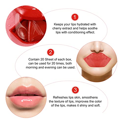 20 Piezas de Mascarillas Labiales, Mascarilla Gel Colágeno, Mascarilla Labial Hidratante, Mascarilla Labial Cereza, Exfoliante, Hidratante, Rellena Los Labios Antienvejecimiento