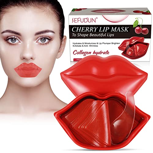 20 Piezas de Mascarillas Labiales, Mascarilla Gel Colágeno, Mascarilla Labial Hidratante, Mascarilla Labial Cereza, Exfoliante, Hidratante, Rellena Los Labios Antienvejecimiento