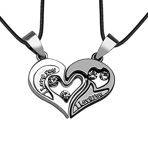 2Pcs Collar de Pareja, Acero Inoxidable Unidades Collar con Colgante de Puzle de Estrás, Corazón con Grabado I Love You, Pareja de Enamorados Regalo de San Valentín de Navidad Cumpleaños Cadena