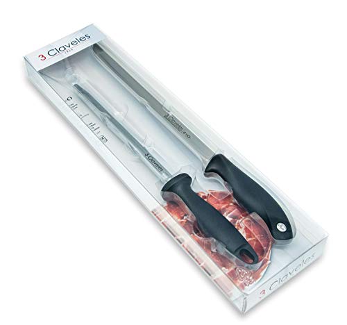 3 Claveles Set Cuchillo JAMONERO EVO Y CHAIRA B 3C, Negro, Gris, 25 cm
