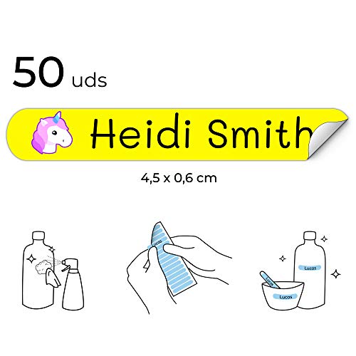 50 Etiquetas Adhesivas Personalizadas para lápices, bolis y rotuladores. Pegatinas escolares con nombre para marcar objetos. Adhesivos resistentes al agua para colegio y guardería Medida 4,6 x 0,6 cm