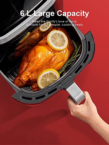 6 litros XXL Freidora sin Aceite Air Fryer, silenciosa menos de 40dB, 8 presets, 1800W, 40 + receta, 44.5x38x35 cm, negro