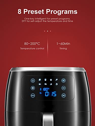 6 litros XXL Freidora sin Aceite Air Fryer, silenciosa menos de 40dB, 8 presets, 1800W, 40 + receta, 44.5x38x35 cm, negro
