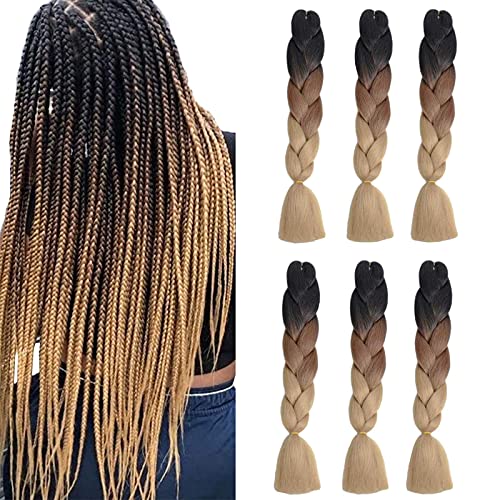 6Pack Extensiones de cabello Ombre Jumbo Braiding Hair Tres tonos Kanekalon Jumbo Braids Extensiones sintéticas de cabello trenzado Ombre (24 pulgadas, negro/marrón/marrón claro)