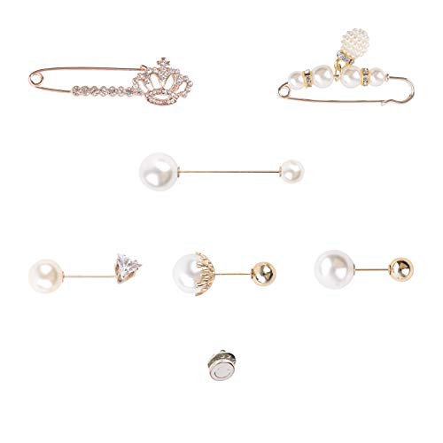 7 Piezas Pin de Broche de suéter, Clips para Chal de Mujer Alfileres de Broche de Perlas de imitación Broche De Oro con Perla Broche Corona para Mujeres niñas Dama Accesorio de Disfraz