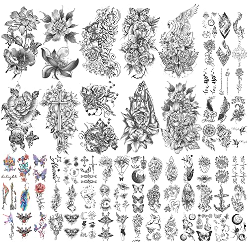 70 Hojas de TatuajesTemporales de Girasol, Rosa Pájaro, Medio Brazo, Tatuajes para Hombres, Tatuajes Temporales Realistas, Flor, Mariposa, Pluma, Angel Pequeños Tatuajes Falsos Para Mujeres o Niños