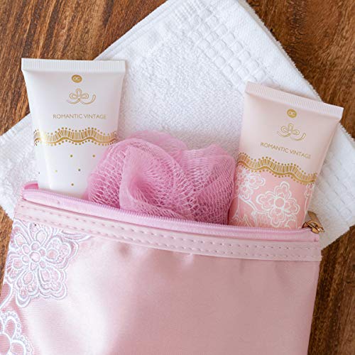 Accentra - Set De Regalo Romántico Vintage, Con Bolsa De Cosméticos, Gel De Ducha, Loción Corporal, Esponja De Malla, Rosé/white/gold