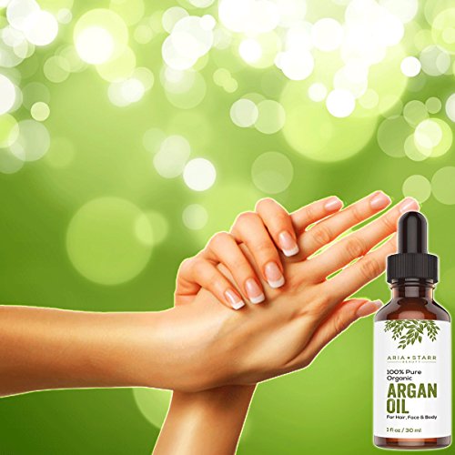 Aceite de argán ORGÁNICO Aria Starr Beauty para pelo, piel, cara, uñas, barba y cutículas - El mejor aceite marroquí 100% puro - Secreto de belleza antiedad y antiarrugas, hidratante de presión en frío certificado, 1 oz.