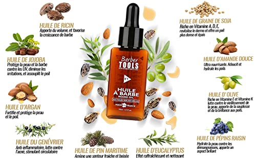 Aceite para barba | N°1 | con aceites 100% naturales 30ml - Promueve el crecimiento de la barba - Con aceite de RICIN, 7 aceites vegetales y 3 aceites esenciales y vitamina E - BARBER TOOLS -