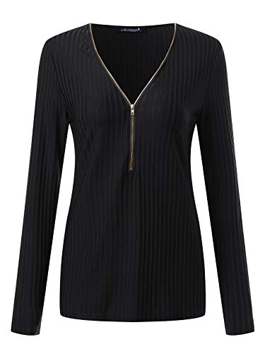 ACHIOOWA Camisa de Mujer Manga Larga Cremallera de Corte Bajo Tops Cuello V Sexy Casual Blusa Negro L
