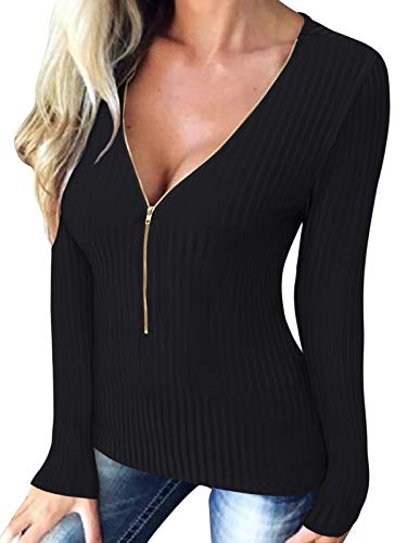 ACHIOOWA Camisa de Mujer Manga Larga Cremallera de Corte Bajo Tops Cuello V Sexy Casual Blusa Negro L