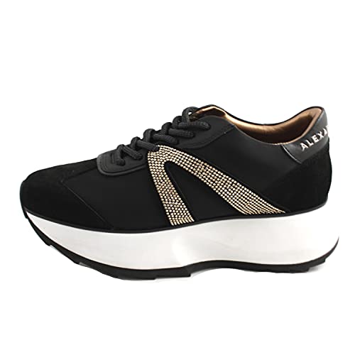 ALEXANDER SMITH Zapatillas casuales para mujer, fabricadas en Londres, piel negra y pedrería dorada, fondo de goma con alzador, Negro , 38 EU