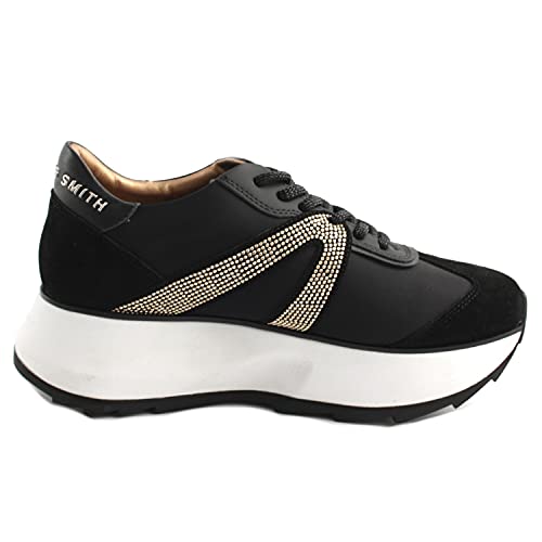 ALEXANDER SMITH Zapatillas casuales para mujer, fabricadas en Londres, piel negra y pedrería dorada, fondo de goma con alzador, Negro , 38 EU