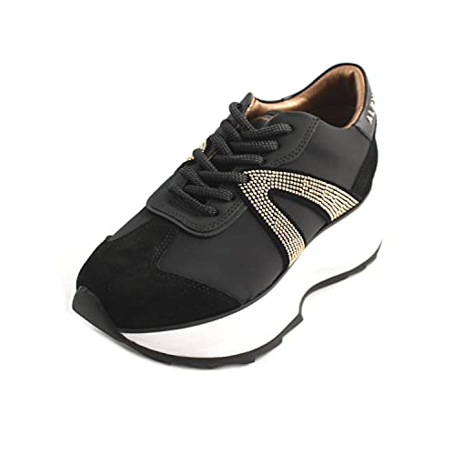 ALEXANDER SMITH Zapatillas casuales para mujer, fabricadas en Londres, piel negra y pedrería dorada, fondo de goma con alzador, Negro , 38 EU
