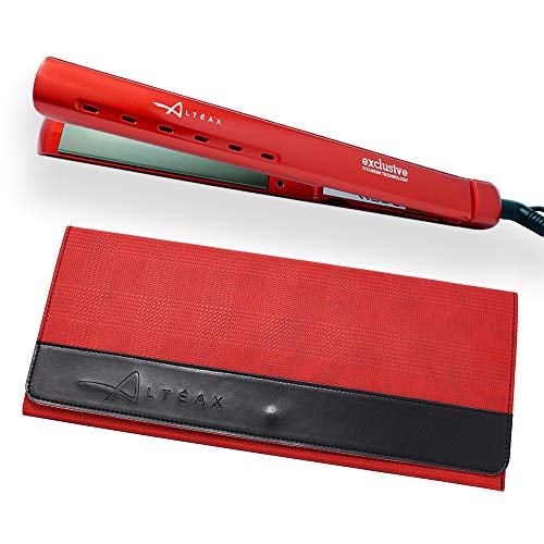 ALTÉAX® Exclusive - Plancha para el pelo profesional alisadora de titanio, con resistencia de cerámica – Regulación de la temperatura hasta 230° + Funda de piel sintética fabricada en Italia