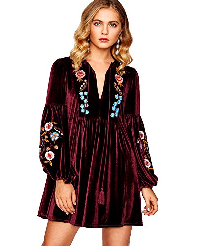 Aox Women Vintage Manga Larga Floral Bordado Una Línea De Terciopelo Suelto Vestido Corto Señora Fiesta Swing Falda Más Tamaño, Vino Tinto, 38-40