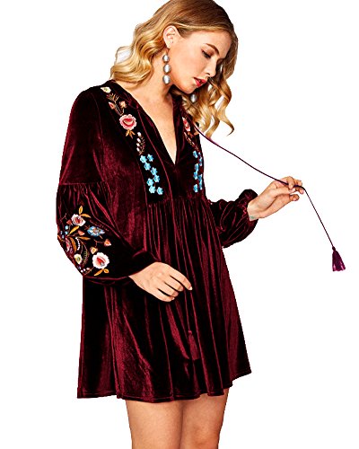 Aox Women Vintage Manga Larga Floral Bordado Una Línea De Terciopelo Suelto Vestido Corto Señora Fiesta Swing Falda Más Tamaño, Vino Tinto, 48
