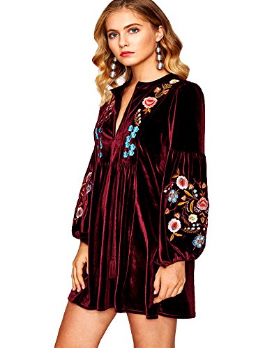 Aox Women Vintage Manga Larga Floral Bordado Una Línea De Terciopelo Suelto Vestido Corto Señora Fiesta Swing Falda Más Tamaño, Vino Tinto, 48
