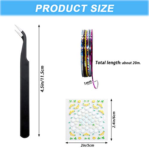 AYWFEY 60 hojas negro blanco flor colorida 3D Mini diseño de decoración de uñas + 10 rollos de cinta de rayas para decoración de uñas de colores + 1 pinza antiestática para mujeres niñas belleza DIY
