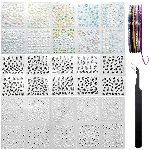 AYWFEY 60 hojas negro blanco flor colorida 3D Mini diseño de decoración de uñas + 10 rollos de cinta de rayas para decoración de uñas de colores + 1 pinza antiestática para mujeres niñas belleza DIY