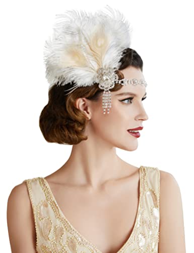 BABEYOND Años 20 Flapper Diadema de Plumas de Pavo Real Diadema Gatsby Vintage Cinta para el Pelo con Cuentas de Cristal Accesorios Vintage Disfraz Gran Gatsby Fiesta Temática Prom
