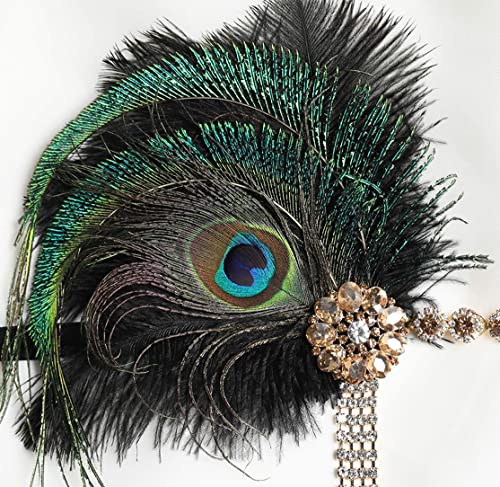 Babeyond Diadema de los años 20 con plumas de pavo real para mujer, estilo años 20, charlestón, para disfraz de Gran Gatsby, color negro y dorado