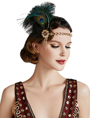 Babeyond Diadema de los años 20 con plumas de pavo real para mujer, estilo años 20, charlestón, para disfraz de Gran Gatsby, color negro y dorado