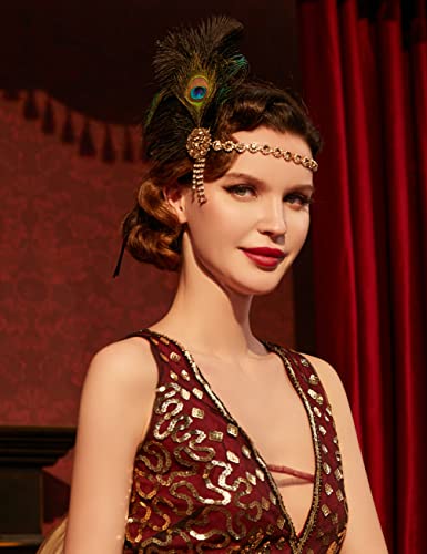 Babeyond Diadema de los años 20 con plumas de pavo real para mujer, estilo años 20, charlestón, para disfraz de Gran Gatsby, color negro y dorado