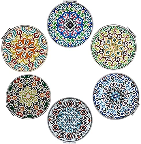 Beaufy Espejos Portátil Bolsillo de Viaje Plegable Mini Espejo de Bolso Pequeño Compacto con Aumento 1x 2X de Mano Vintage Makeup para Mujer Niña Hombres Diseño de Mandala en Relieve Paquete de 6