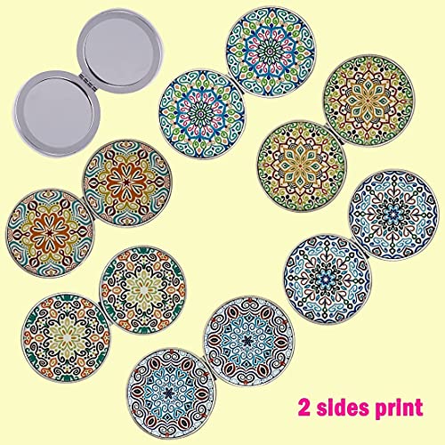 Beaufy Espejos Portátil Bolsillo de Viaje Plegable Mini Espejo de Bolso Pequeño Compacto con Aumento 1x 2X de Mano Vintage Makeup para Mujer Niña Hombres Diseño de Mandala en Relieve Paquete de 6